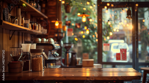 Cozy coffee shop photograph featuring a shelf and table setup  perfect for cafe or restaurant decor. Bokeh effect in the background.