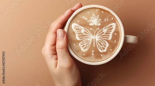 Hand holding a latte with a foam drawing of a happy butterfly and flower Closeup holding coffee cup  top view angle on isolated brown background