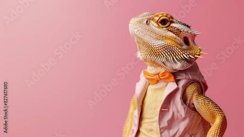 Bearded dragon lizard wearing stylish bow tie and vest on pink background. Unique and charming pet photo for creative projects. photo