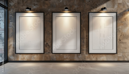 A trio of white frames with dark borders on a wall with a textured clay finish in a modern architectural firm, each centrally spotlighted 