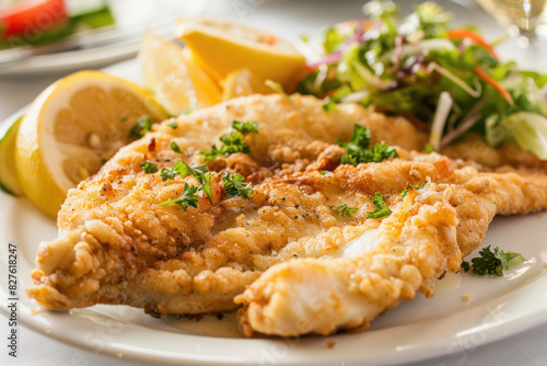 Fried flounder fish fillet with lemon wedges and mixed greens