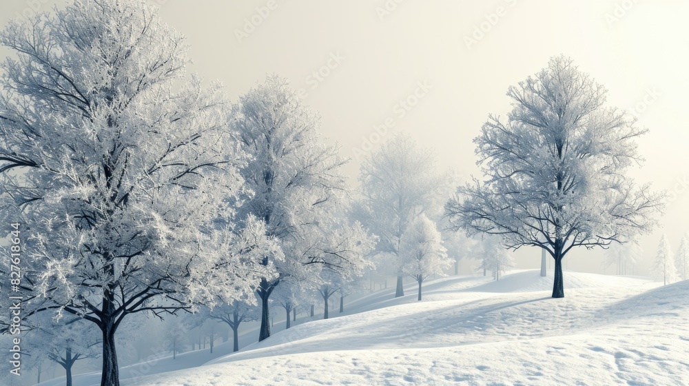 Obraz premium A snowy hillside with trees covered in snow. The scene is peaceful and serene, with the snow covering the ground and the trees creating a beautiful contrast against the white background