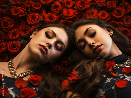Brunette duo luxuriate among vibrant red roses