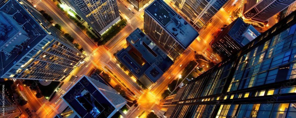 Aerial view of illuminated city streets and tall buildings at night, showcasing urban life and city infrastructure. Aerial view of illuminated city streets and tall buildings at night, showcasing urban life and city infrastructure.