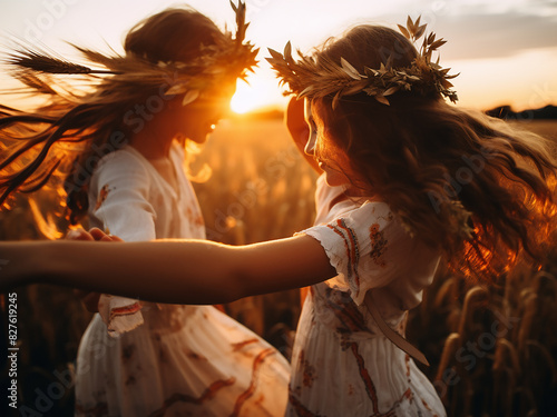 Sisters sway amidst rye fields at sunset, exuding joy photo