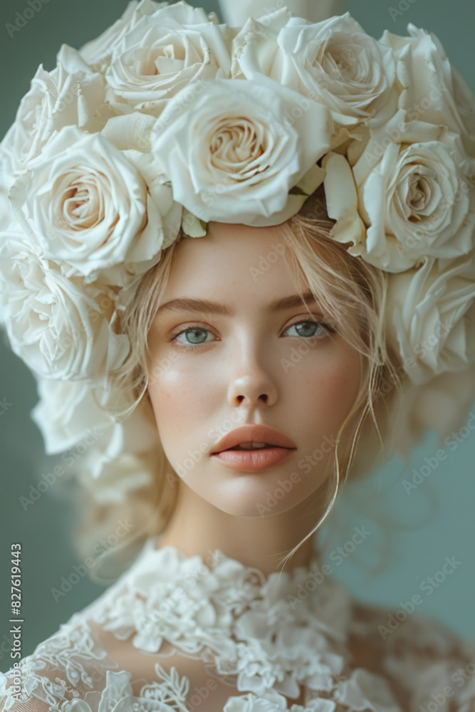 An elegant woman adorned with a crown of pale roses An elegant woman adorned with a crown of pale roses
