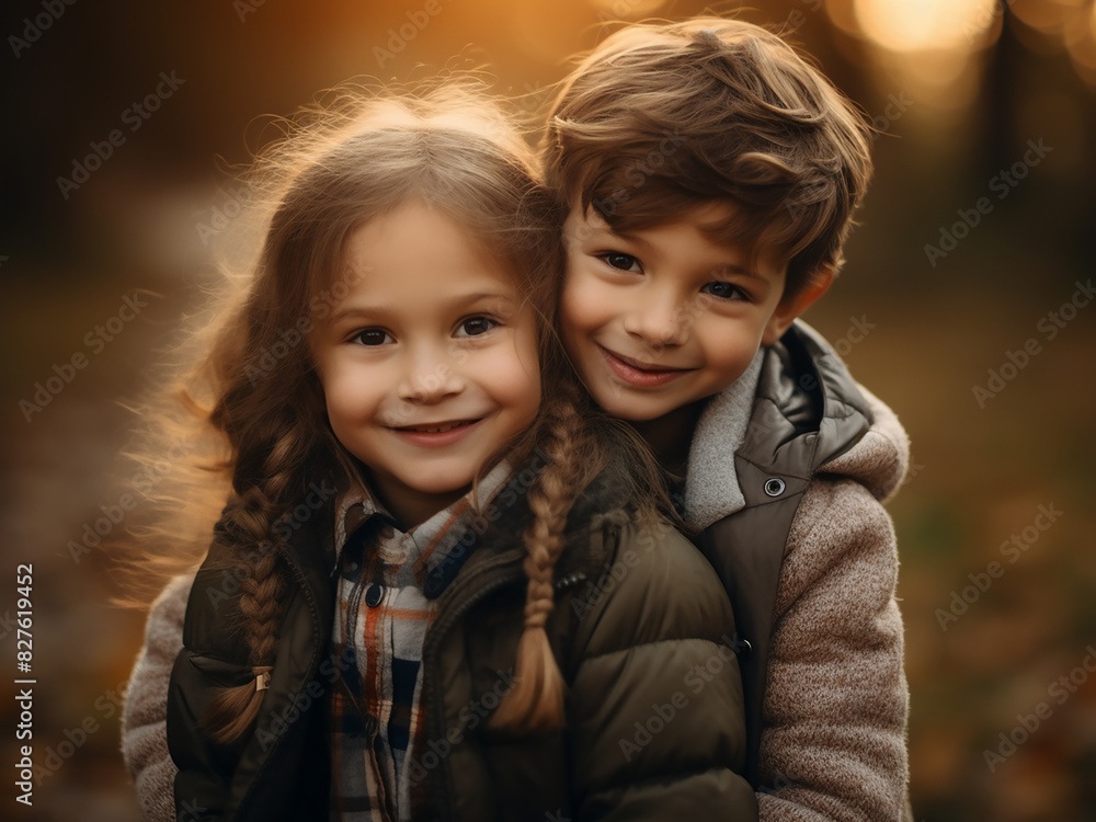 A girl and boy beam with joy, hugging in the park A girl and boy beam with joy, hugging in the park