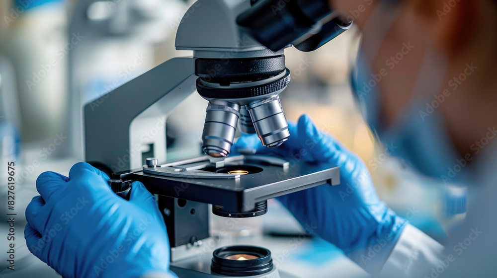 A scientist wearing blue gloves is looking through a microscope. A scientist wearing blue gloves is looking through a microscope.