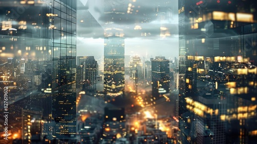 Wallpaper Mural Abstract cityscape with reflective glass buildings and illuminated streets under a cloudy sky, creating a modern urban view at night. Torontodigital.ca