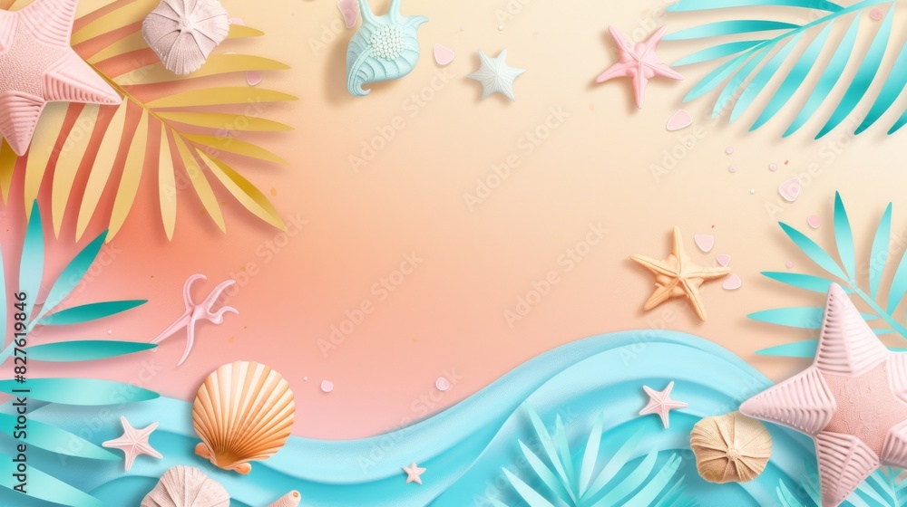 A beach scene with a blue ocean and pink and yellow flowers A beach scene with a blue ocean and pink and yellow flowers