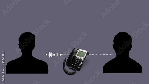 Silhouettes of two unknown men talking on a landline phone. Sound visualizer, audio spectrum. Free space for text. photo