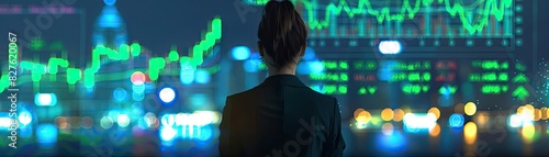 Businesswoman analyzing stock market data with city skyline in the background, featuring glowing graphs and financial indicators. photo