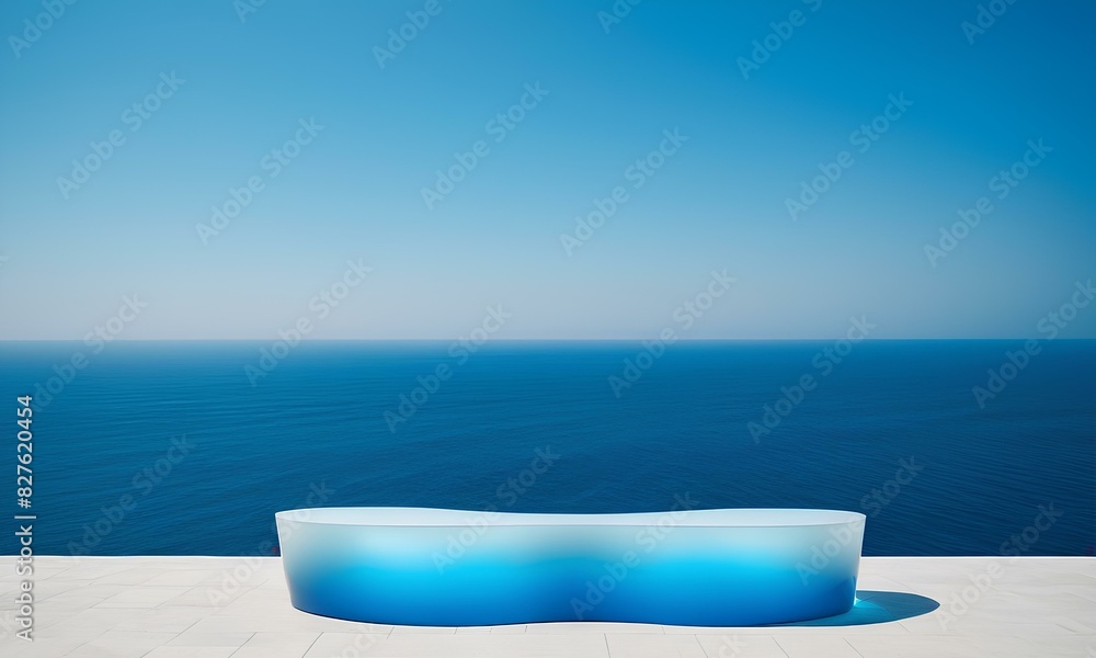 Glass Podium with Ocean and Sky Background
