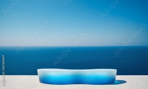 Glass Podium with Ocean and Sky Background 