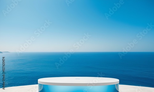 Blue Glass Podium Against Sea Water Sky 