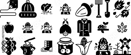 Set Of Autumn Glyph Vector Symbols Apps, Websites Ui Designs Suitable For Wind,Fruit,Leafs,Plant,Autumn Solid Icon Collection. Vector Illustration