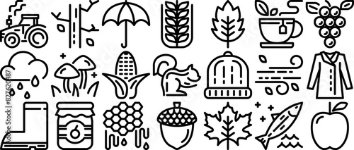 Set Of Autumn Outline Icons Collection Isolated Silhouette Solid Icons Including Rain,Autumn,Season,Fall,Bottle Solid Icon Collection. Vector Illustration