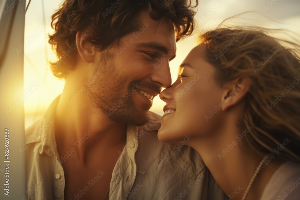 A man and a woman are kissing each other. The man is smiling and the woman is smiling as well. Scene is happy and romantic A man and a woman are kissing each other. The man is smiling and the woman is smiling as well. Scene is happy and romantic
