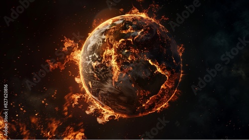 a realistic depiction of the Earth engulfed in flames. The fire is concentrated on one hemisphere of the planet, giving the impression that it is being consumed by fire