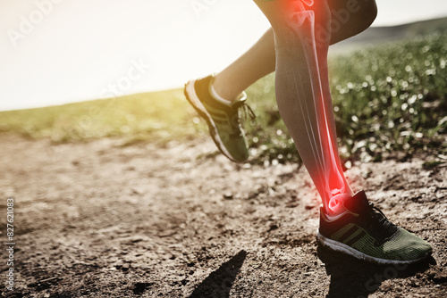 Cuadro en lienzo Man, legs and fibromyalgia pain for running, outdoor and bone or joint injury in countryside or arthritis