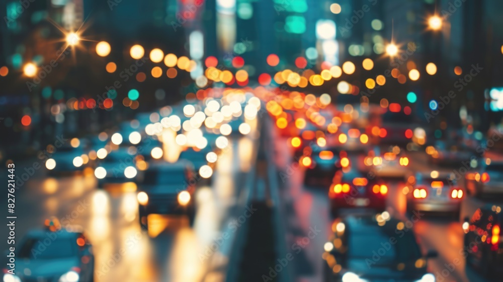 Fototapeta premium A blurry photo of a busy city street with cars and lights. Scene is busy and chaotic, with the cars moving quickly and the lights creating a sense of movement and energy