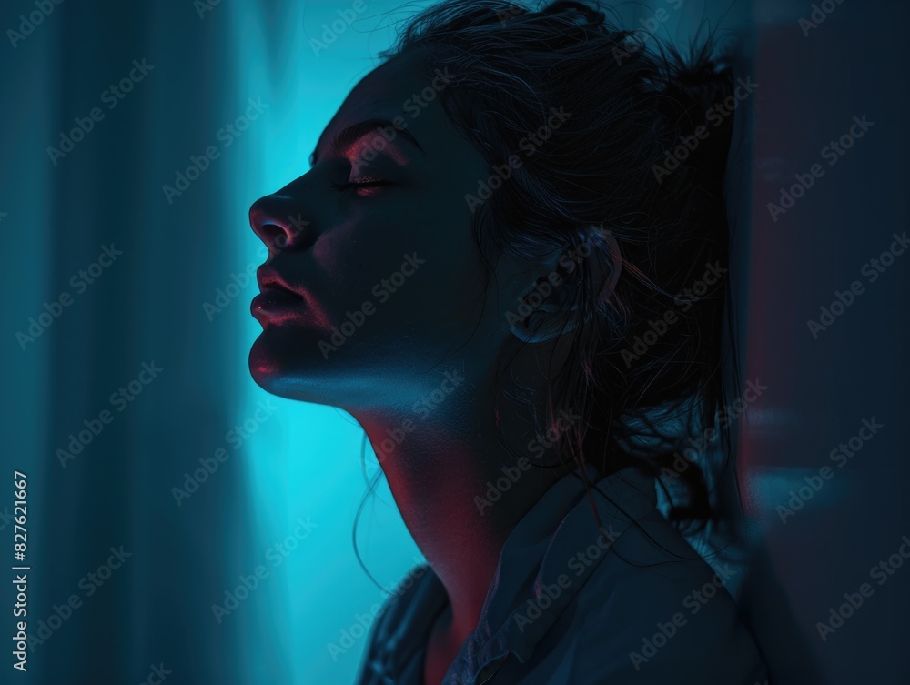 A woman with her head tilted to the side, looking at the camera. The image has a moody and introspective feel to it A woman with her head tilted to the side, looking at the camera. The image has a moody and introspective feel to it