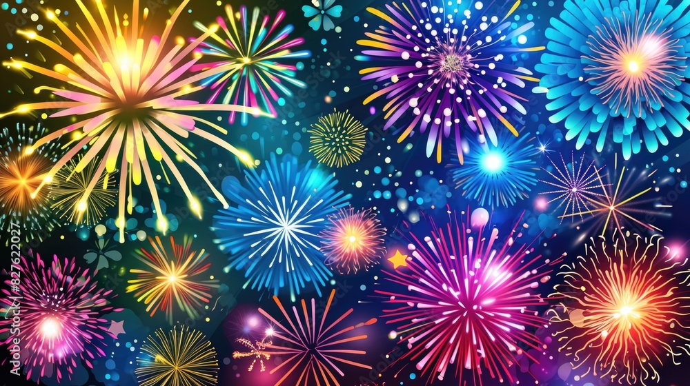 Fototapeta premium A colorful fireworks display with many different colors and shapes. The fireworks are lit up and create a festive atmosphere
