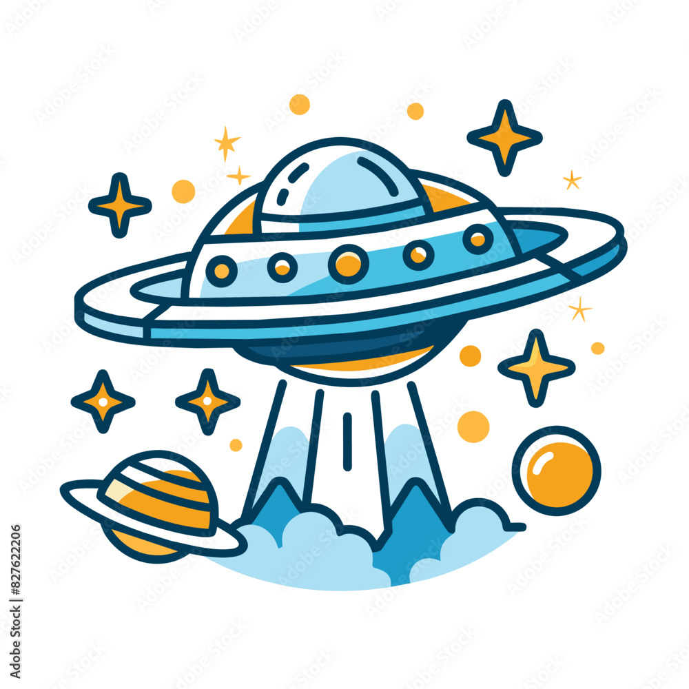Cartoon UFO flying through space with stars and planets Cartoon UFO flying through space with stars and planets