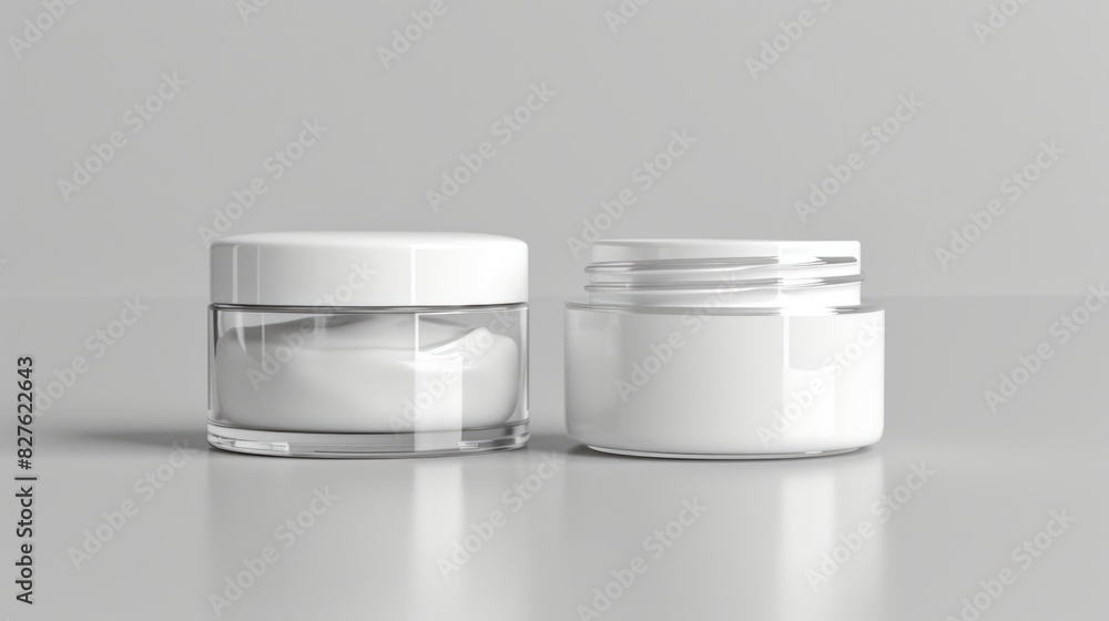 Two empty jars of cream sit on a table. The jars are clear and white, and they appear to be empty. The table is a plain, white surface, and the scene is simple and uncluttered Two empty jars of cream sit on a table. The jars are clear and white, and they appear to be empty. The table is a plain, white surface, and the scene is simple and uncluttered