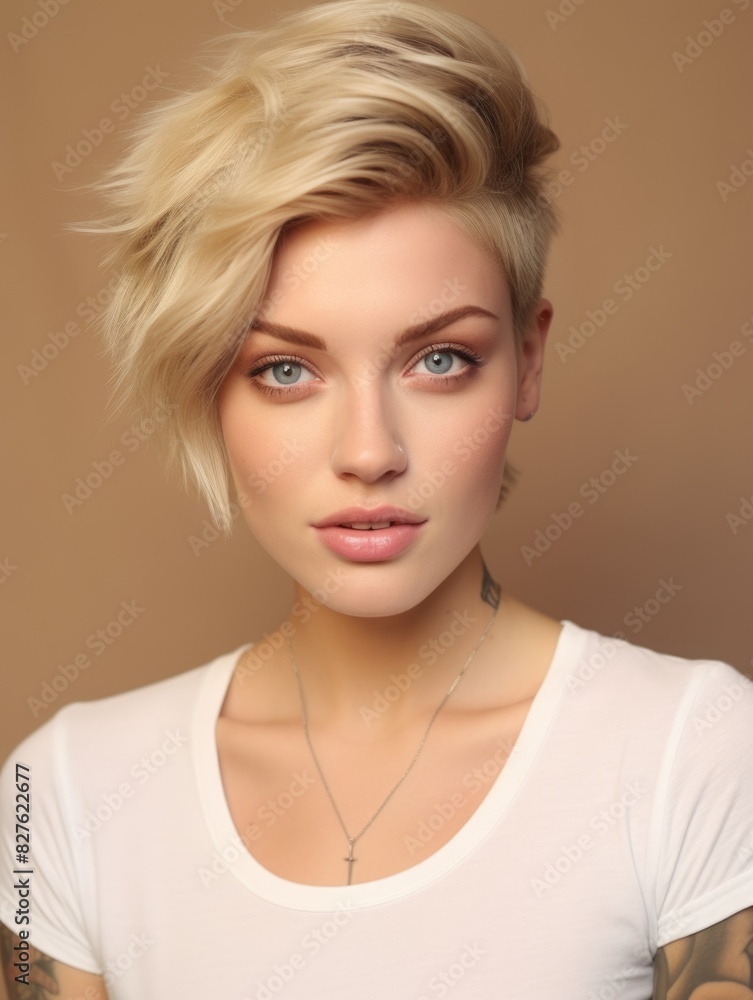 A blonde woman with a short haircut and a necklace with a cross pendant. She has a tattoo on her arm A blonde woman with a short haircut and a necklace with a cross pendant. She has a tattoo on her arm