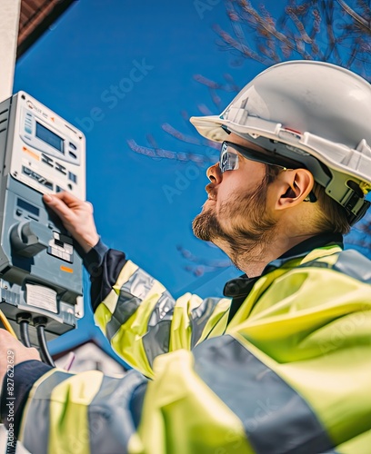 Closeup of an electric utility worker installing smart meters on a residential building, clear blue sky in the background , documentary, cinematic lighting, motion blur, angle camer photo