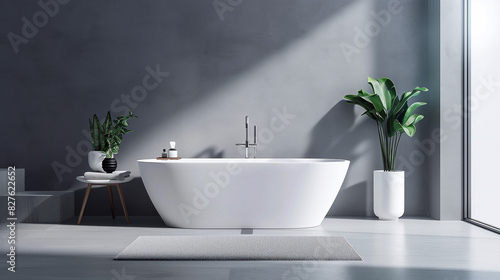 Modern minimalist bathroom interior  modern bathroom cabinet  white sink  wooden vanity  interior plants  bathroom accessories  bathtub and shower