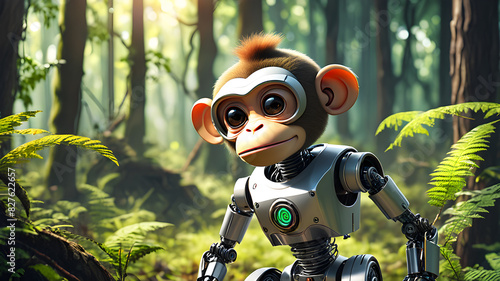 Robot monkey in the forest, Generative AI © Tark