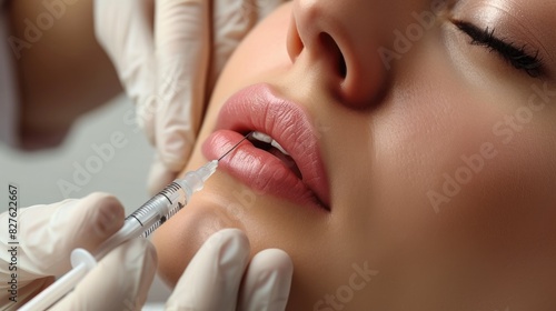 A woman is getting a lip injection. The woman is wearing gloves and the injection is being administered by a doctor
