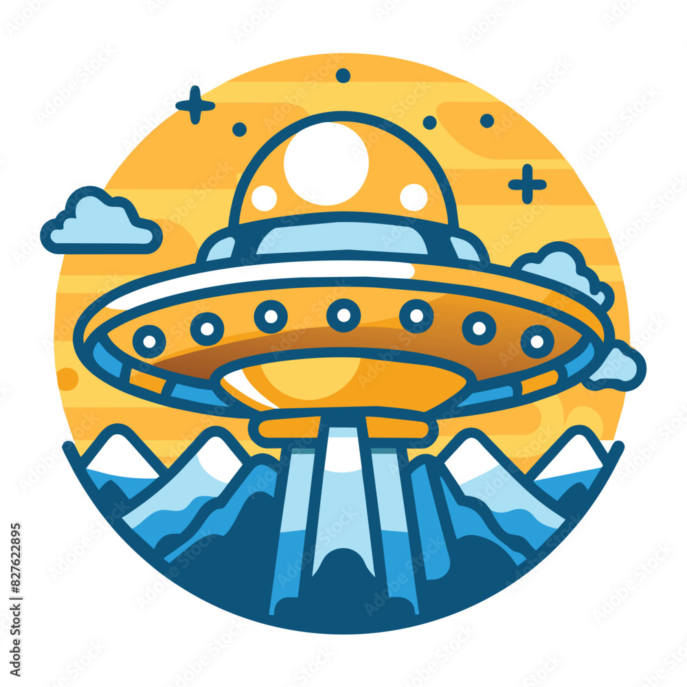 Obraz premium Yellow UFO Landing on a Mountainous Planet with a White Sun