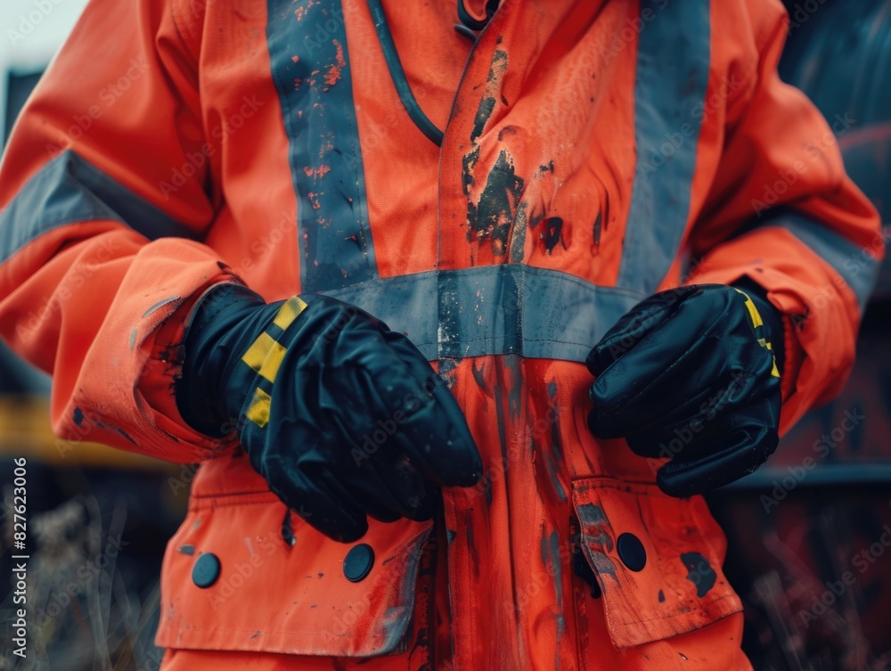 A man in an orange safety jacket with black gloves is wearing a dirty jacket. The man is wearing a safety jacket and gloves, which suggests that he is working in a hazardous environment A man in an orange safety jacket with black gloves is wearing a dirty jacket. The man is wearing a safety jacket and gloves, which suggests that he is working in a hazardous environment