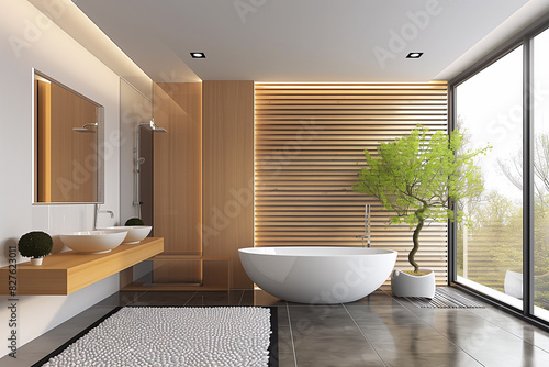 Modern minimalist bathroom interior, modern bathroom cabinet, white sink, wooden vanity, interior plants, bathroom accessories, bathtub and shower