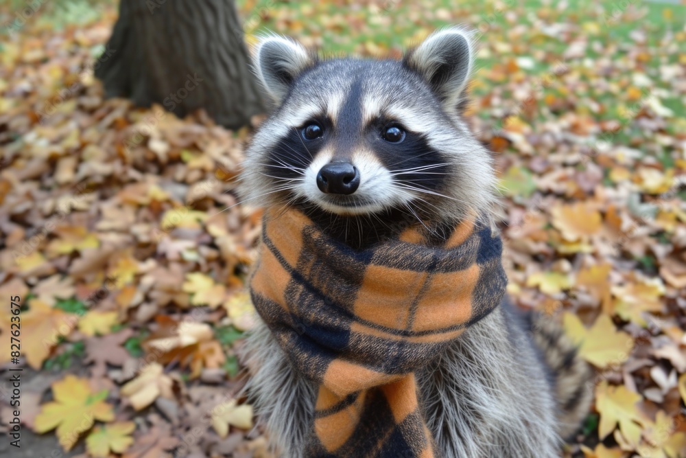 A raccoon is wearing a scarf and looking at the camera. The scarf is orange and black A raccoon is wearing a scarf and looking at the camera. The scarf is orange and black