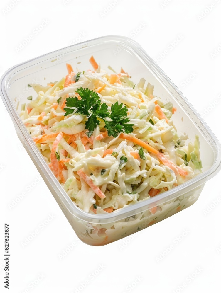 A white plastic container with a salad inside. The salad is a mix of vegetables including carrots and parsley A white plastic container with a salad inside. The salad is a mix of vegetables including carrots and parsley