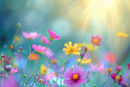 A field of flowers with a bright blue sky in the background. The flowers are a mix of pink and yellow