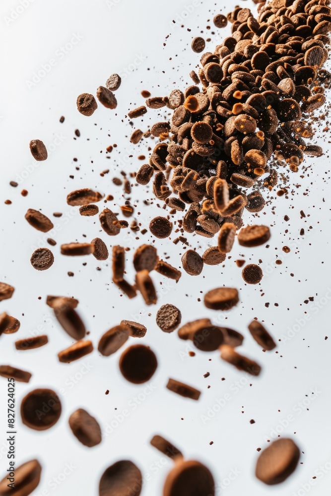 Obraz premium A close up of a pile of chocolate chips with a white background. Concept of chaos and disorder as the chocolate chips are scattered in all directions. Scene is playful and whimsical