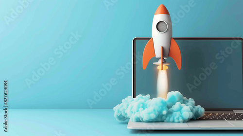 Rocket emerging from a laptop screen, representing innovation and creativity, on a blue background.