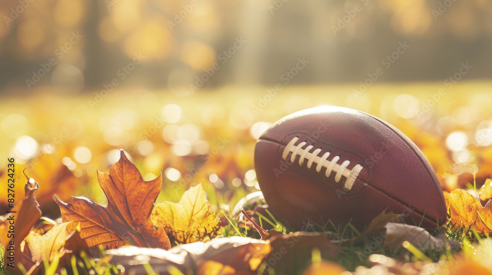 A football is laying on the ground in a field of autumn leaves. The football is surrounded by a variety of leaves, some of which are brown and some are yellow. The scene gives off a sense of nostalgia A football is laying on the ground in a field of autumn leaves. The football is surrounded by a variety of leaves, some of which are brown and some are yellow. The scene gives off a sense of nostalgia