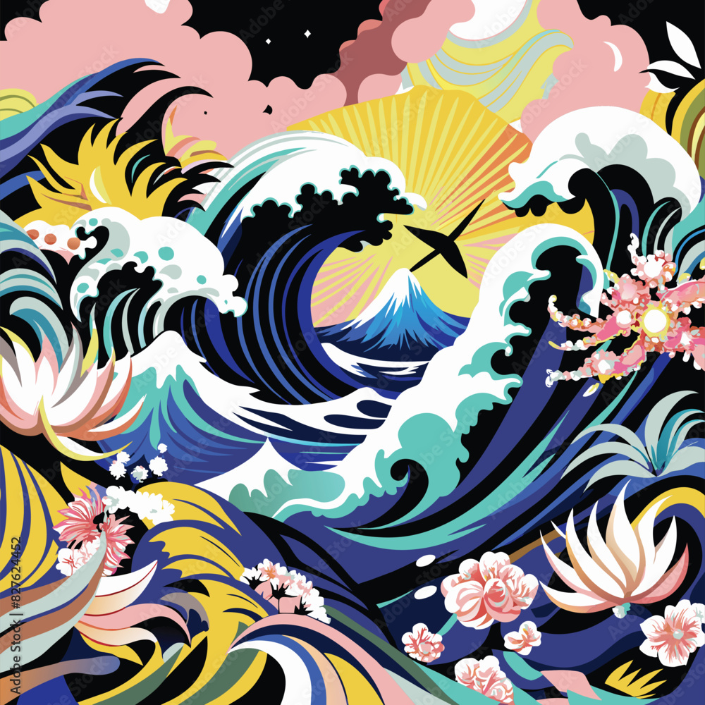 Fototapeta premium Abstract Japanese Wave with Floral and Mountain Elements