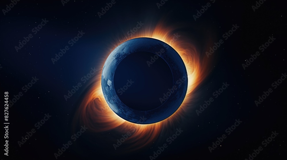 Fototapeta premium A close up of a planet with a large black hole in the center. The planet is surrounded by a bright orange glow
