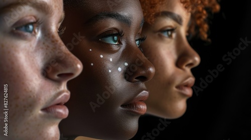 Three women with different skin tones and makeup styles are shown in profile. Concept of diversity and individuality, as each woman has her own unique appearance. The use of makeup