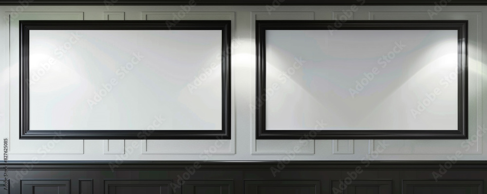 Two horizontal empty white frames with dark borders, each spotlighted against a wall featuring a classic wainscoting design Two horizontal empty white frames with dark borders, each spotlighted against a wall featuring a classic wainscoting design