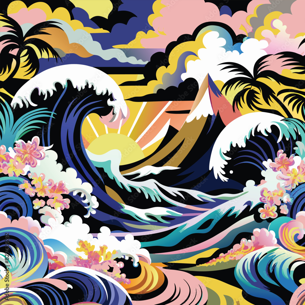 Obraz premium Abstract Tropical Landscape with Waves and Palm Trees