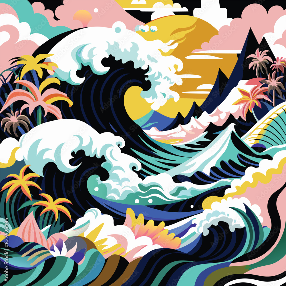 Obraz premium Abstract Illustration of a Wave Crashing Against a Tropical Shore