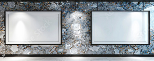 Two white frames with dark borders displayed against a wall with a polished gemstone texture in a state-of-the-art architecture studio. 